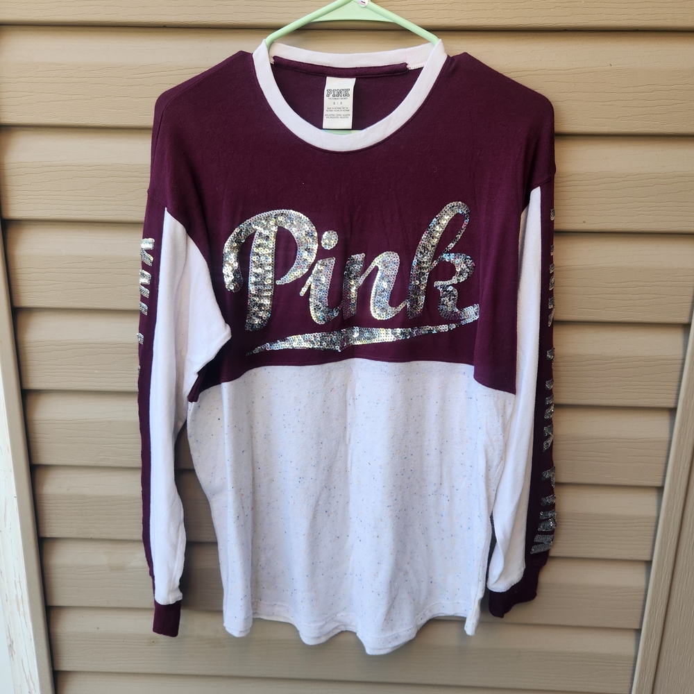 PINK Victoria's Secret Maroon and White Womens Bling Long Sleeve Shirt